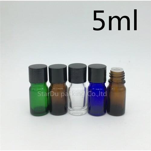 High-quality 500pcs/lot 5ML Glass Bottle Vials Essential Oil Bottle, 5cc Perfume bottles black Aluminum cap with plug