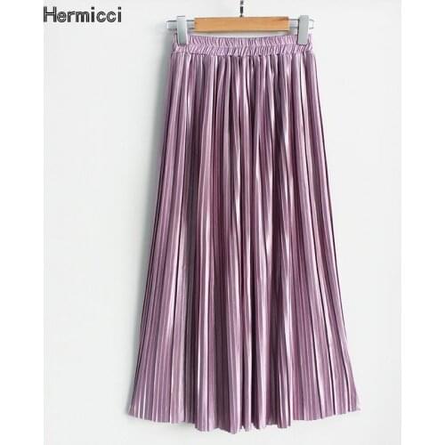 Hermicci 2020 Fashion Skirts Summer Pleated Long Skirts Women Metallic Midi Skirts Faldas Largas Mujer