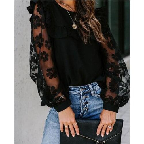 Women Shirt FashionBlack Mesh Sheer Transparent Patchwork Long Sleeve Blouse Stylish Chic OL Basic Tops Floral Shirt
