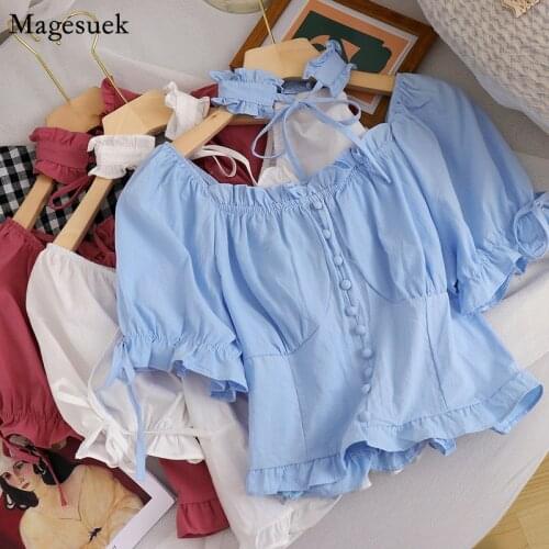 Korean Vintage Puff Short Sleeve White Woman Shirt Lace Up Collar Short Tops Blouses Women Summer Fashion Ruffles Blosue 14942