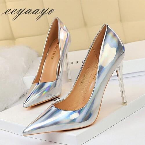 2020 New Spring Women Pumps 10.5cm High Metal Heels Pointed Toe Shallow Sexy Ladies Women Shoes Silver Female High Thin Heel