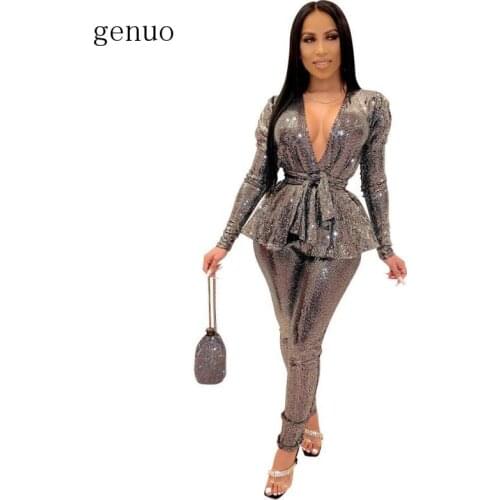 2020 Winter Women Sets Hot Stamping Tracksuits Full Sleeve Sashes Tops+Pants Suit Two Piece Set Night Club Party Outfits