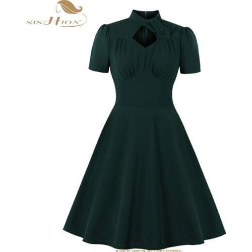 SISHION Short Sleeve Green Dress SP0756 2021 femme Swing Women Spring Dresses Ladies A line Party Vestidos Black Dress
