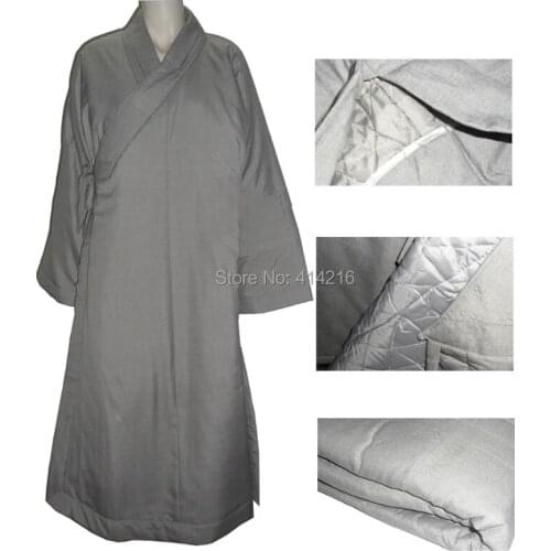 Winter warm cotton buddhist monk long robescoat abbot buddhism gray lay clothing gownmartial arts meditation uniforms gray