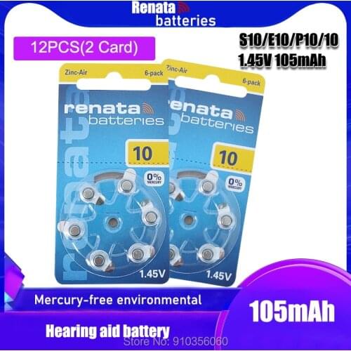 12pcs/2pack 100% RENATA 1.45v 105mAh Zinc air batteries ZA10 PR70 A10 For Hearing aid Batteries button coin cell
