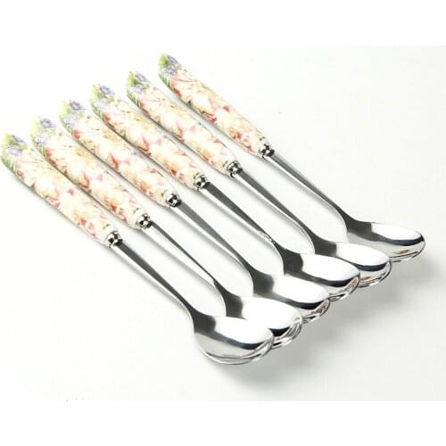 6pcs of Coffee Spoon Flower Tea Teaset Accessory Ceramic Handle Stainless Steel Samll Spoon