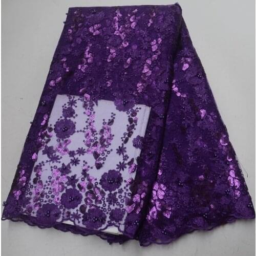 Free shipping (5yards/pc) shining purple African sequins French net lace fabric with embroidery and beads for party dress FLP964