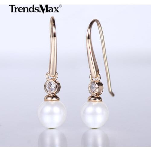 585 Rose Gold Simulated Pearl Long Earrings for Women Girls Clear Cubic Zircon Drop Huggie Earrings New Fashion Jewelry GE280