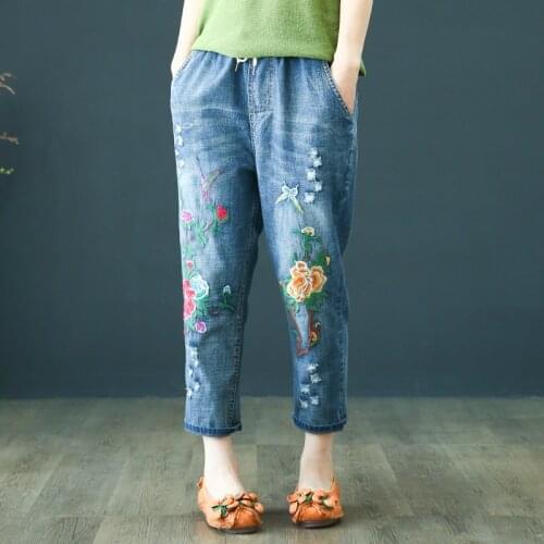 Spring Summer Jeans Mujer High Waist Denim Jeans Woman Loose Boyfriend Washed Floral Embroidered Denim Pants Plus Size 3XL