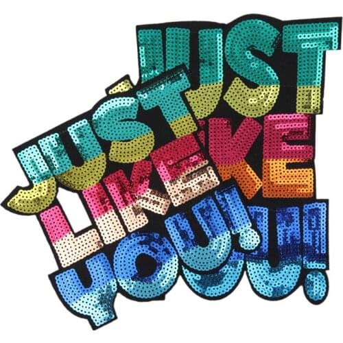 GUGUTREE embroidery Sequins big letter patches just like you patches badges applique for clothing JW-12