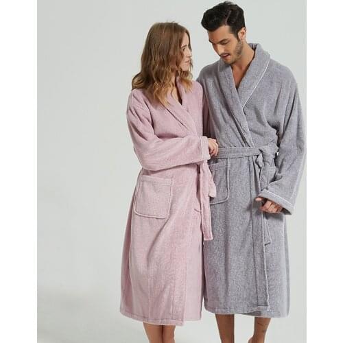 BathRobe Women Winter Warm Towel Fleece Mens Bathrobe Nightgown Kimono Cotton Dressing Gown Sleepwear Female Home Clothes White