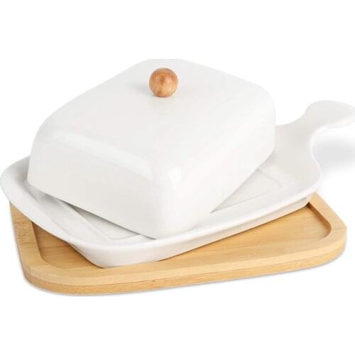 Ceramic Butter Dish with Bamboo Tray, Butter Dishes with Covers, Farmhouse Butter Dish with Handle Cover Design