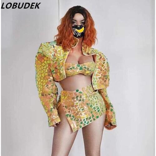 Gold Sequins Bra+Jacket+Skirt 3 Piece Set Women Dancer DJ Gogo Mirrors Costume Sexy Bar Singer Dancer Jazz Hip Hop Dance Costume