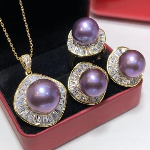 D514 Pearl Set Fine Jewelry Round 10-13mm Nature Fresh Water Purple Pearls Jewelry Sets for Women Presents