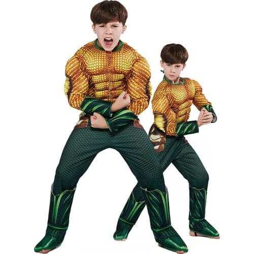 New Aquaman Costume Kids Gold Aquaman Muscle Cosplay jumpsuit For Boys Superhero Costumes For Children Halloween clothin For Kid