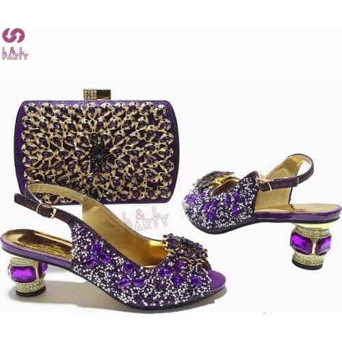 Purple New Design Decorate with Rhinestone Italian Women Shoes and Bag Set to Match High Quality Autumn Mature Style Pumps
