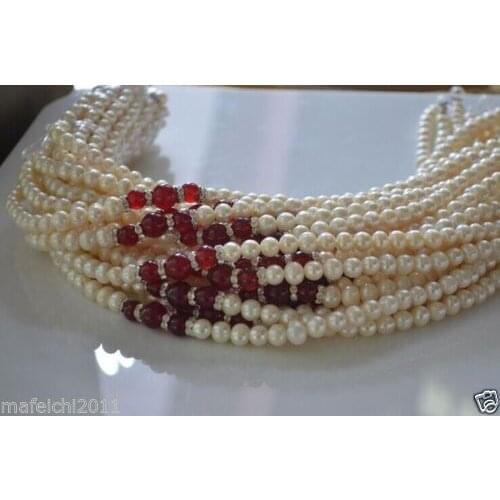 Wholesale price!7-8mm White Akoya Cultured Pearl Red jades Necklace 18inch