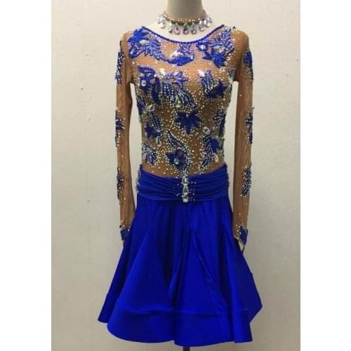 Blue customize custom back cutout Rumba cha cha salsa tango Latin dance competition dress with beads