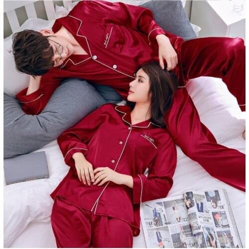 Spring and autumn couple silk pajamas women long sleeve thin ice silk suit cardigan men and women in summer