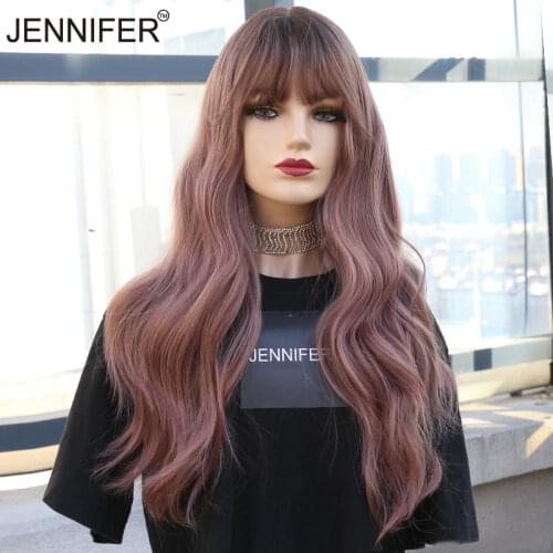 Synthetic Wigs For women Long Nature Wavy Wig with bangs Brown/Pink Brown/Black/White tea Heat Resistant Full Mechanism wig