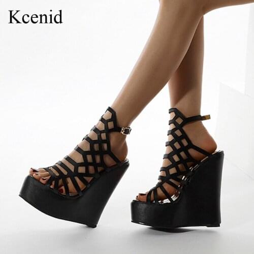 Kcenid Roman Women Platform Sandals Sexy Hollow Out PU Leather Peep Toe Ankle Buckle Strap Wedge Heels Ladies Dress Shoes Black