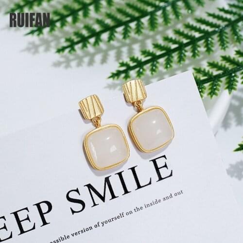 Ruifan Vintage Square White Natural Jade 925 Sterling Silver Earrings Women Gold Trendy Drop Dangle Earrings Fine Jewelry YEA478
