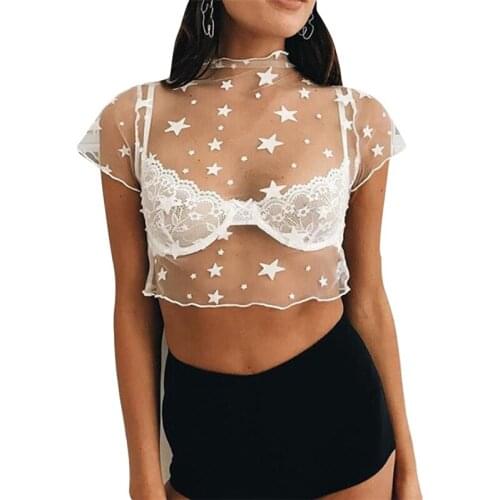 Women Mesh T-Shirts Sexy See-Through Perspective Tshirt Letter Printed O Neck Transparent Long Sleeve T Shirt Tops Women