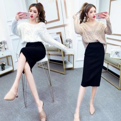 2021 New Women Knitted 2 Pieces Set O-neck Pullovers Sweater Tops & Knitted Skirts Office Lady 2PCS Suits Autumn Outfits Q800