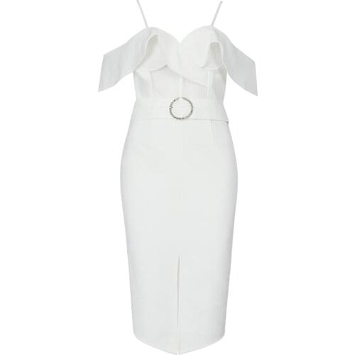 2021 Autumn New Bandage Spaghtti Strap Dress Party Evening Club Sexy Ruffles Clothing Bodycon White Dress