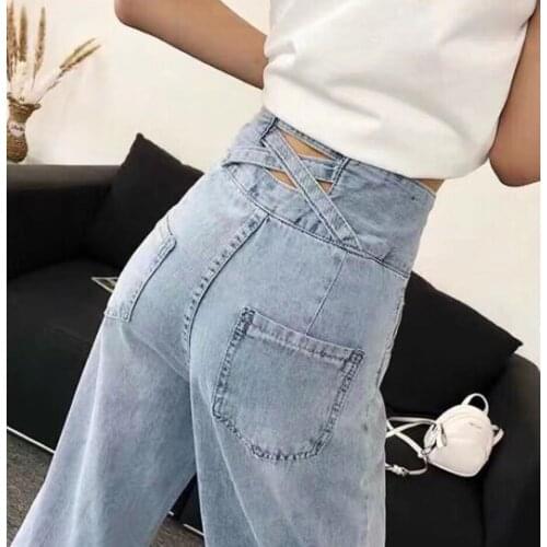 2021 summer high waist women baggy jeans beautiful cross Hollow back wide leg jeans straight leg denim pants for girls