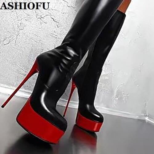 ASHIOFU New Handmade Ladies Stiletto Heels Boots Sexy Platform Mid-calf Boots Party Prom Evening Night Club Fashion Winter Boots