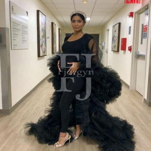 Modeste Black Tulle maternity Dresses for Photo Shoot Sexy Full Sleeves Tiered Tulle Women Summer Beach Formal Party Dresses