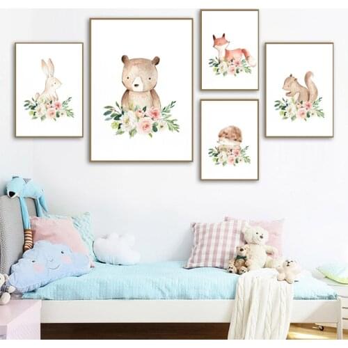Baby Nursery Watercolor Flower Animal Hedgehog Bear Squirrel Canvas Poster Nursery Print Painting Picture Kid Bedroom Decor