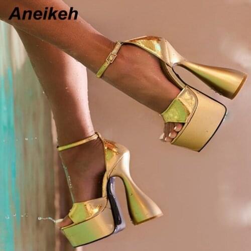Aneikeh Elegant Summer Women Sexy Buckle Strap Peep Toe Sandalias Platform Heigh 2021 PU Cover 17CM Round Heels Wedding Pumps