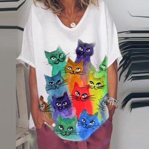 40#Animal Cat Printed T-Shirt Womens Plus Size Loose Short Sleeves V-Neck Casual Tees Tops Cute Summer Elegant T Shirt футболки