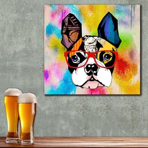 Hot Sell Large Size Abstract Painting Modern bulldog with glasses Canvas Print Wall Pictures For Living Room Free shipping