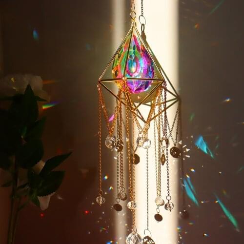 Crystal Sunburst Pipa Prisms Hanging Wind Chimes Metal Rainbow Chaser Lighting Pendant for Window Curtains Home Decoration
