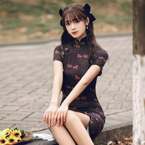 Young Lady Exquisite Print Chinese Dress Summer Short Sleeve Vintage Button Trim Novelty Qipao Sexy Slim Elegant Cheongsam