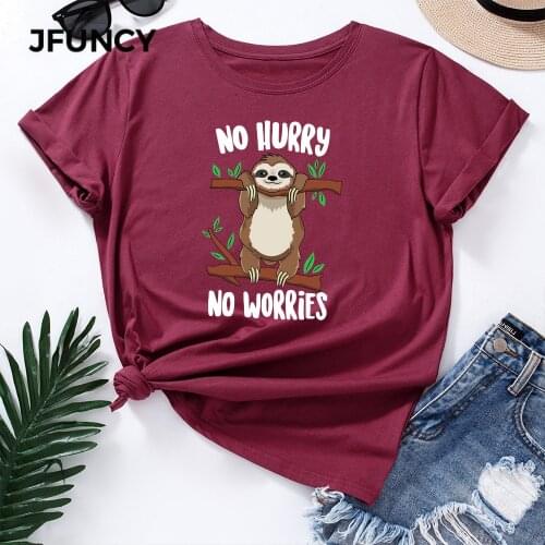 JFUNCY Summer 100% Cotton T Shirt Women Plus Size Short Sleeve Tops Tees Cute Cartoon Sloth Print Shirts Pink Women Tshirt