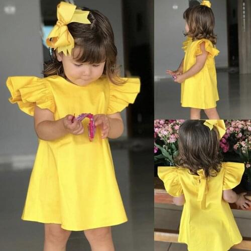 Summer Infant Dress Fashion Cotton Yellow Fashion Kids Clothes Headbands Baby Girls Fly Sleeve Solid Bow Dress Clothes Dresses