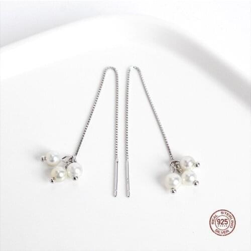 LKO 925 Sterling Silver Long Tassels Ear Line Fashion Elegant Pearl Drop Dangle Earrings for Women Minimalist Ear Ornaments