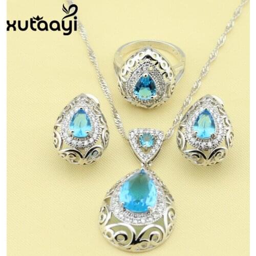 Best Sell Silver colorcolor Women Fashion Health Jewelry Sets ,Hollow Water Drop Blue Zircon Earrings Rings Necklace Pendant