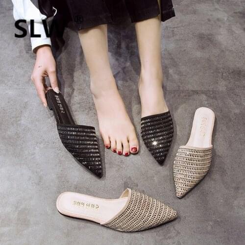 Women summer outdoor Low Square heel slipper mules Pointed Toe Crystal Flat closed toe Slides PVC loafer woman outside slides