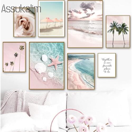 Pink Aegean Sea Landscape Painting Palm Tree Wall Art Canvas Print Nordic Posters And Prints Wall Pictures For Living Room Decor