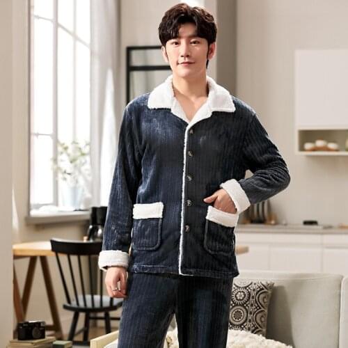 Newest Mens Pajamas Sets Autumn Winter Soft Warm Flannel Thicken Male Pajamas Sets Long Sleeve Sleepwear Top +Pant Pyjamas
