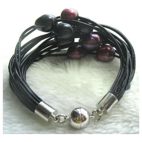 Newest Leather Pearl Jewellery,15Rows Freshwater Pearls Black Leather Bracelet,Magnet Clasp