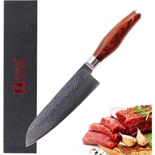 Sunlong Gyuto 8 inch Chefs Knife Japanese Hammer Damascus Steel Vegetable Cleaver Redwooden Handle