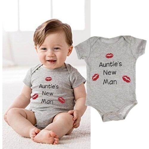 Newborn Infant Clothes Aunties New Man Print Baby Boy Bodysuit Gray Cotton Summer Baby Boy Clothes for 0-24M