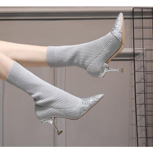 2019 autumn knitted socks boots luxury brand pointed rhinestone ladies boots kitten heel elastic boots
