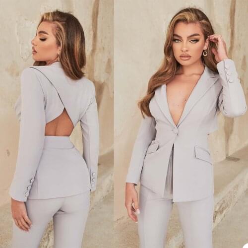 Sexy Deep V Neck Women Blazer One Buttons Slim Fit Pocket Backless Suits Office Lady Casual Daily Wear 2 Pieces Set